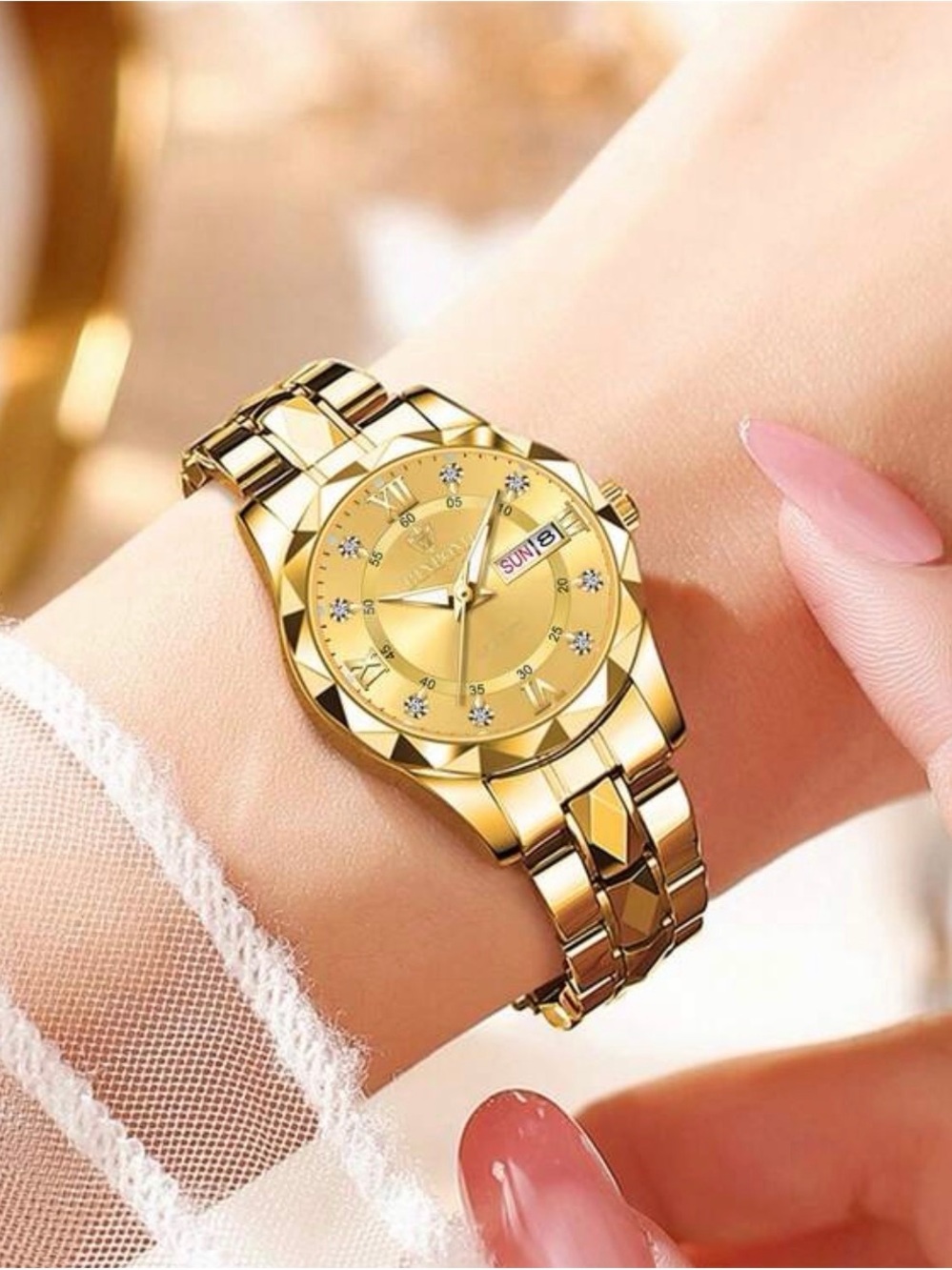 Women's Gold Bracelet Watch with Day-Date Display